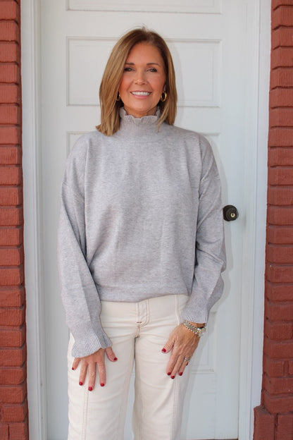 High Neck Ruffle Sweater Heather Grey