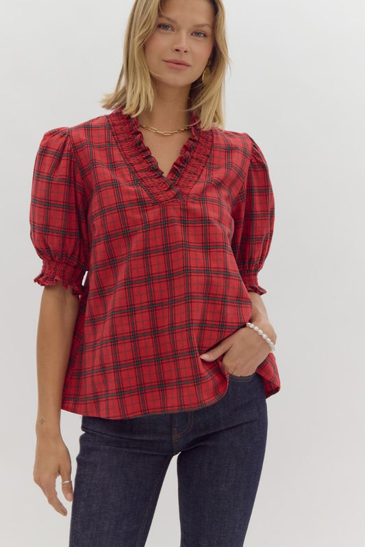 Plaid Puff Sleeve V neck Top