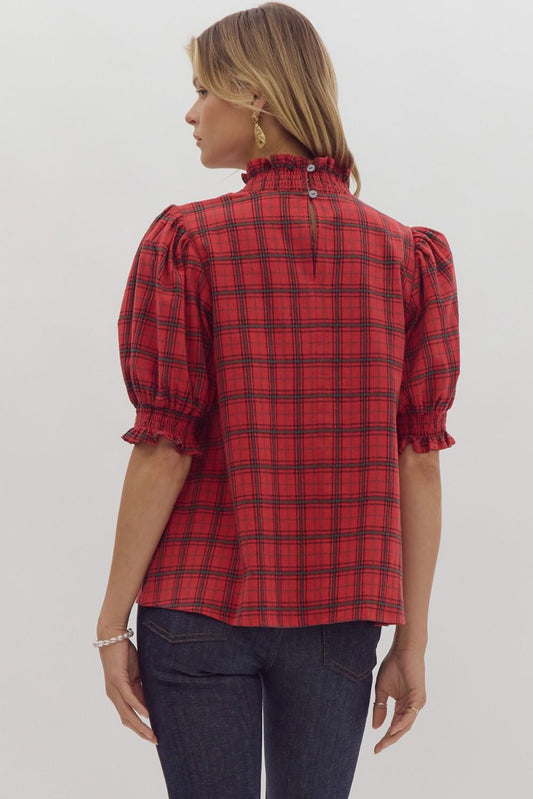 Plaid Puff Sleeve V neck Top