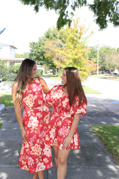 Fiery Red Floral Print Mini Dress