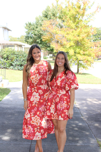 Fiery Red Floral Print Mini Dress