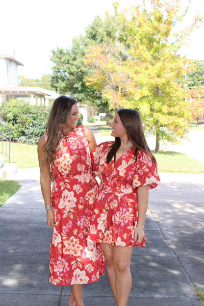 Fiery Red Floral Print Mini Dress