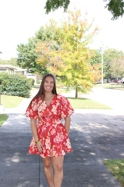 Fiery Red Floral Print Mini Dress