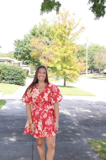 Fiery Red Floral Print Mini Dress