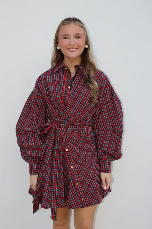 Red Plaid Asymmetrical Shirt Dress
