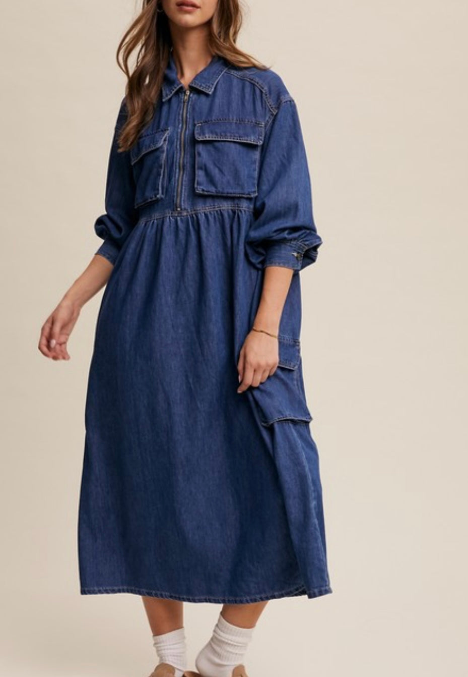 Denim Cargo Pocket Maxi Dress