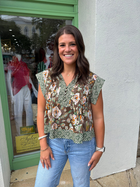 Brown Quilted Floral Button Top