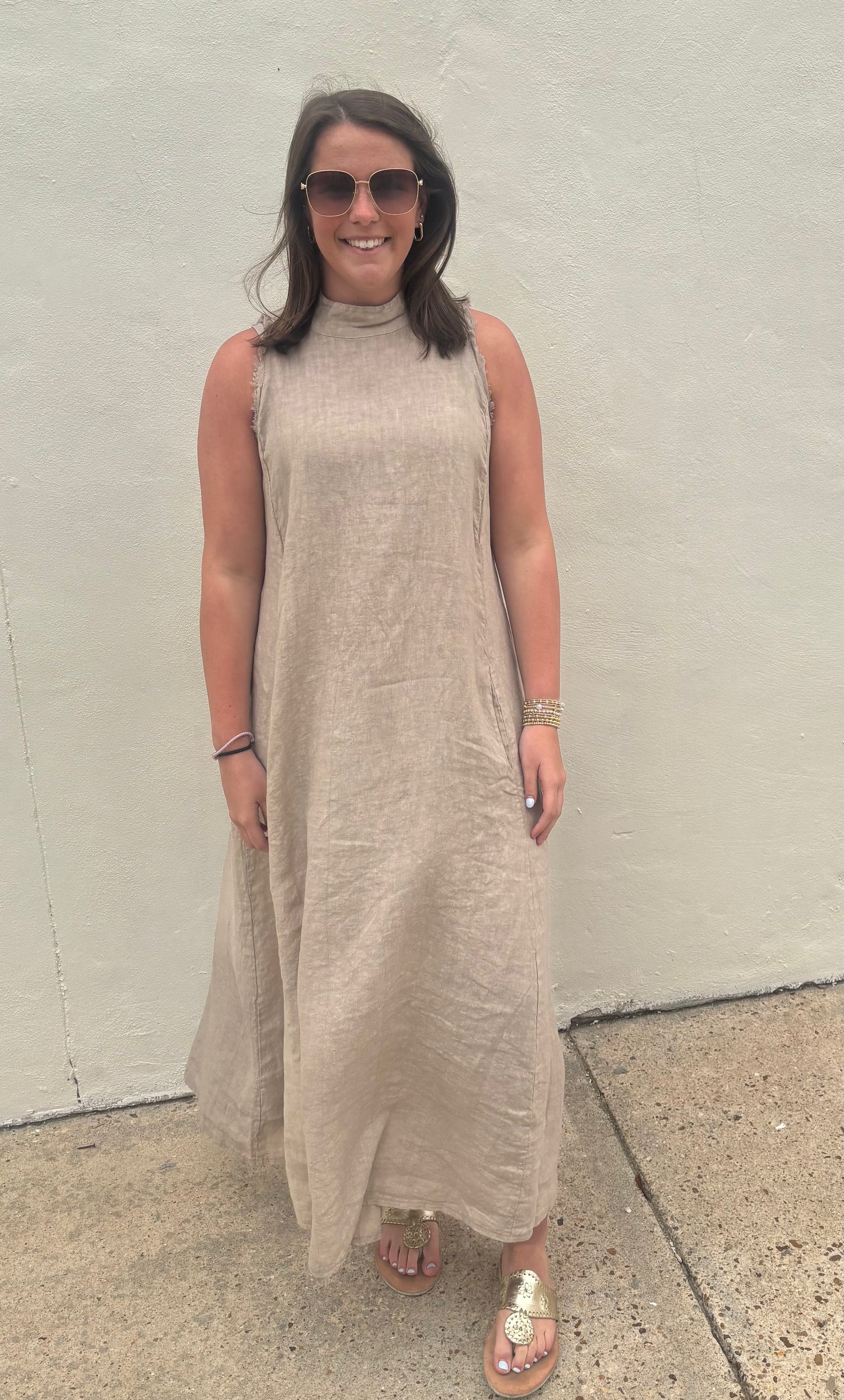 Linen Mock Neck Maxi Beige