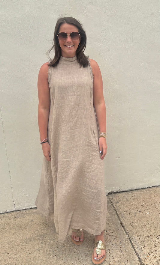Linen Mock Neck Maxi Beige
