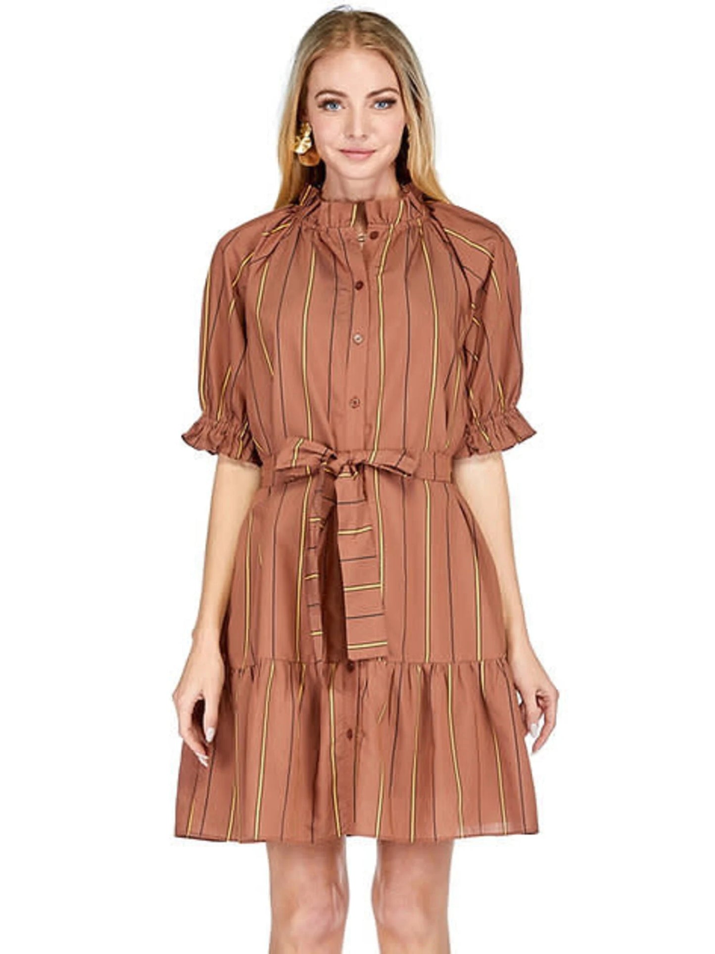 Brown Stripe Ruffle Bottom Dress