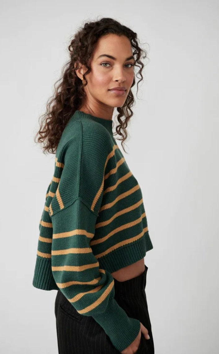 Free People Stripe Easy Street Crop Sweater in Hunter Green Combo