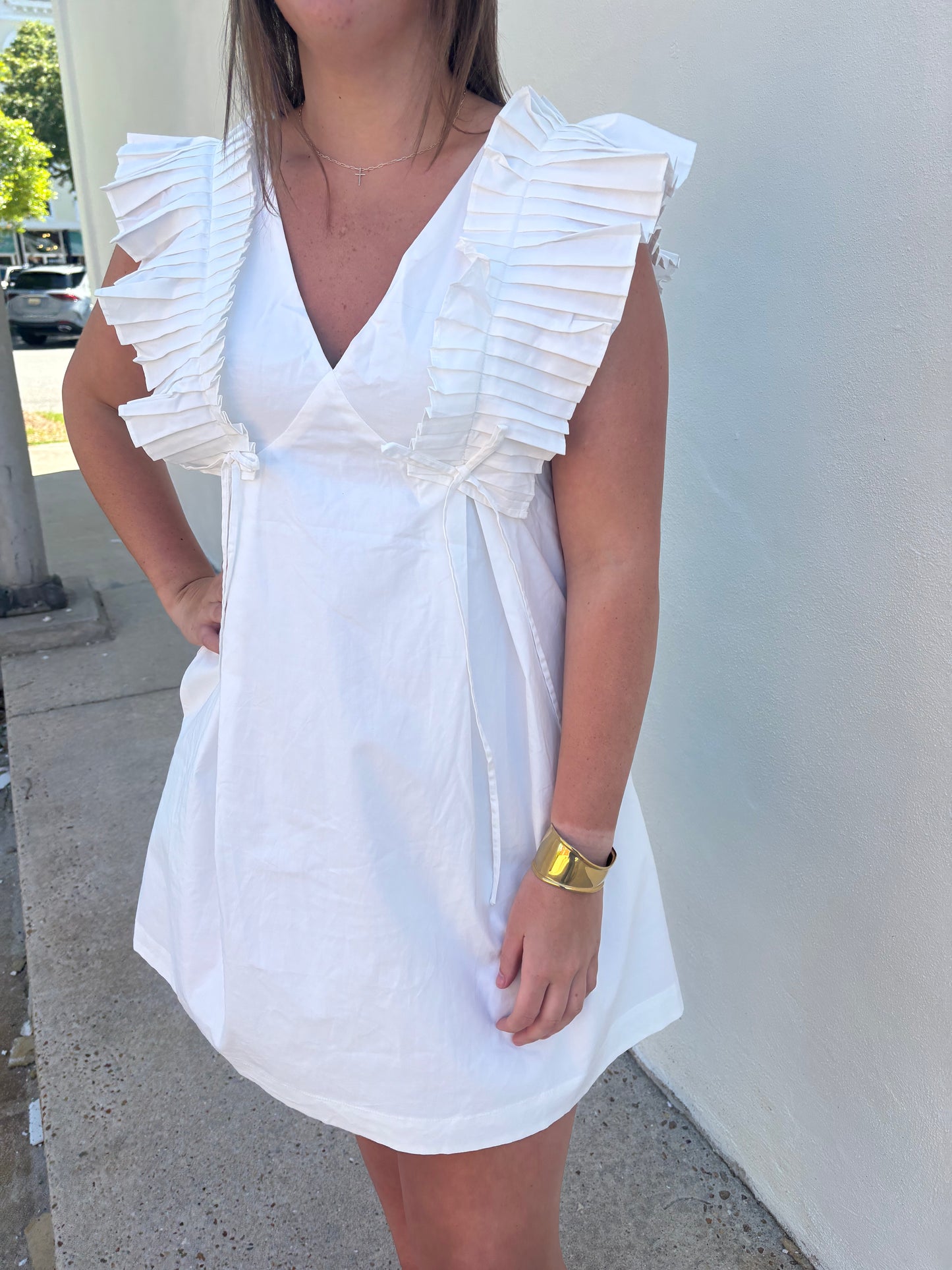 Pleat Detail Dress White