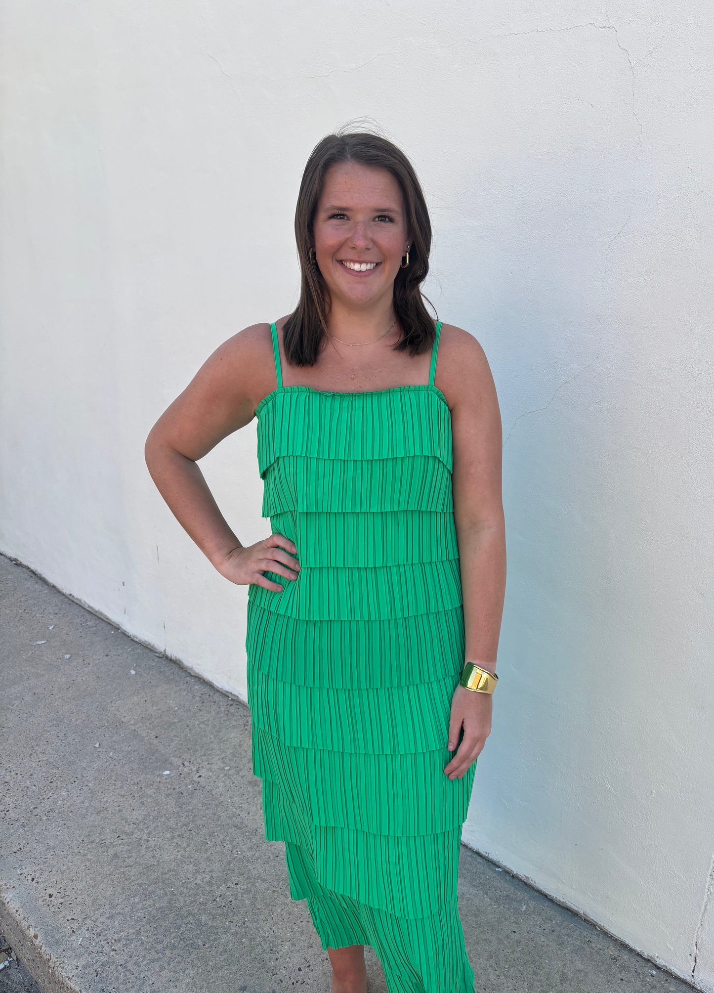 Green Pleated Midi Dress
