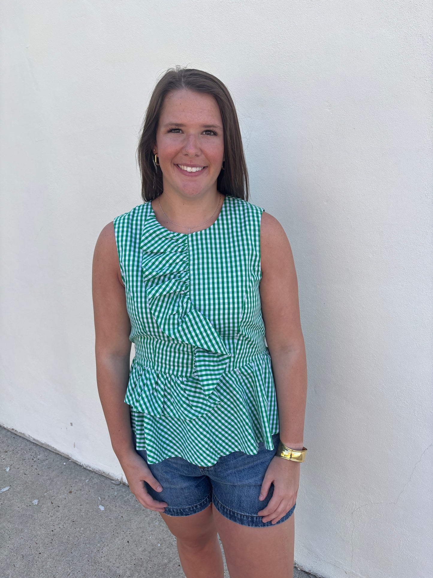 Green/White Check Ruffle Top