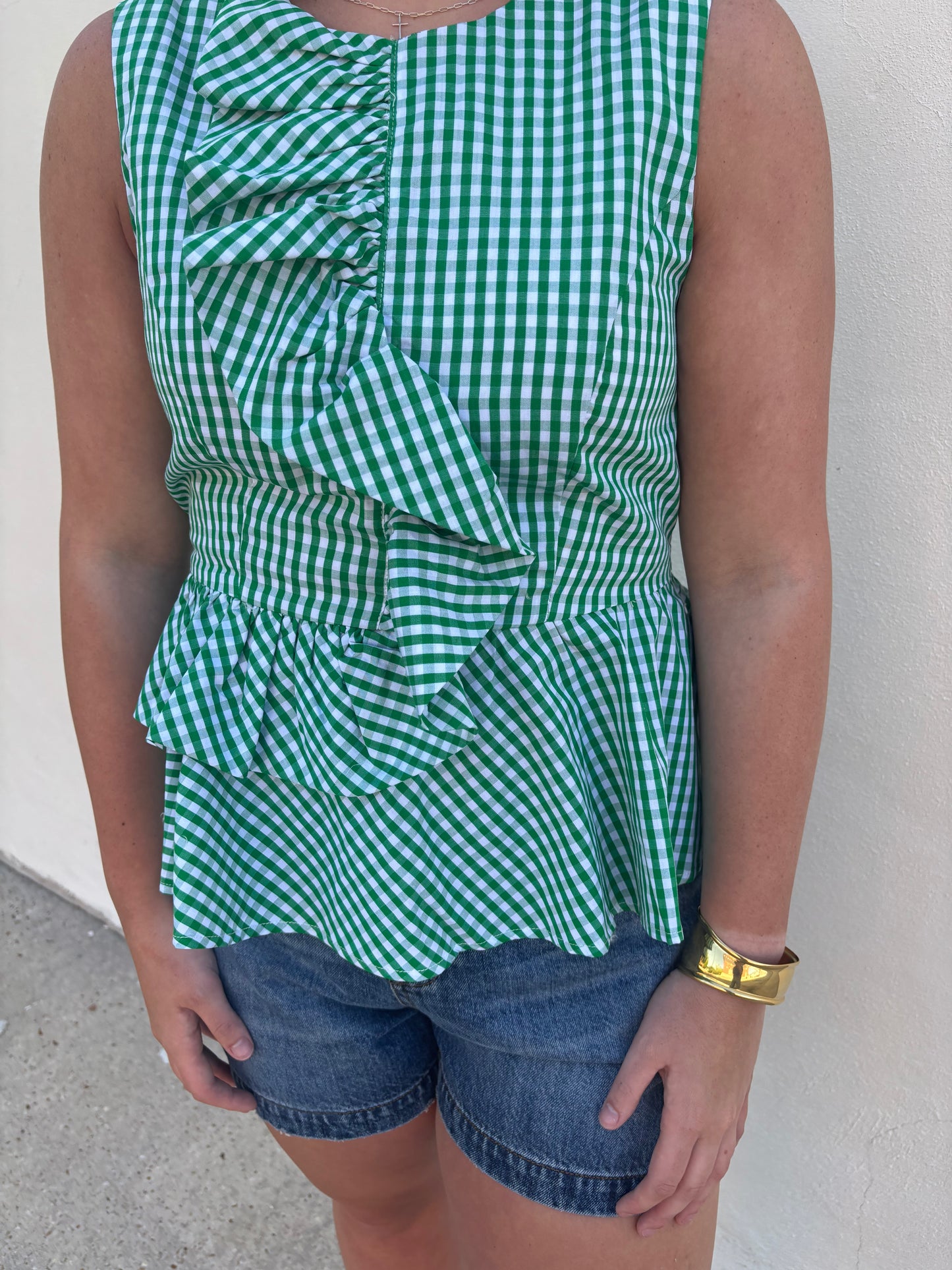 Green/White Check Ruffle Top