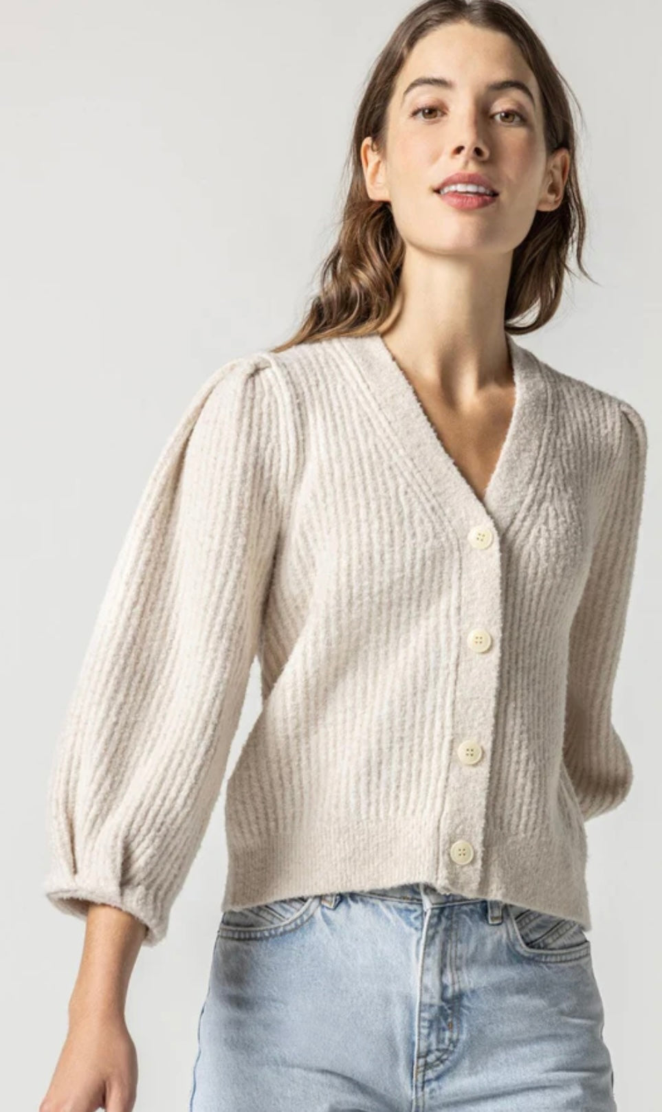 Lilla P Puff Sleeve Cardigan Sweater Coconut