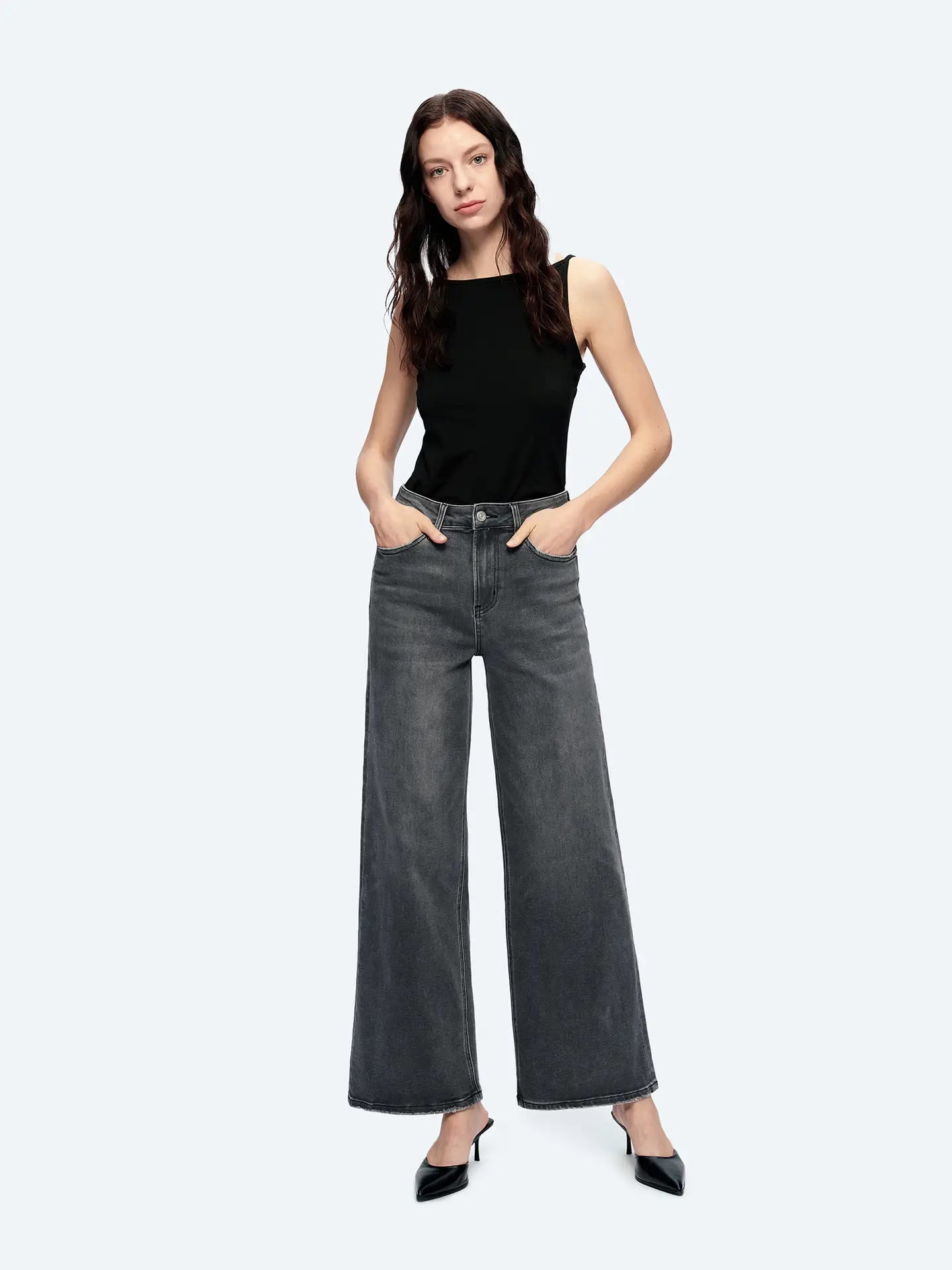 Charcoal High Rise Wide Leg Jeans