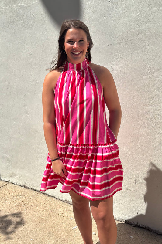 PInk & Red Stripe Halter Dress
