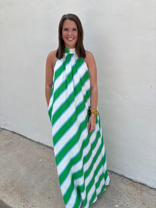 Green Stripe Halter Neck Dress