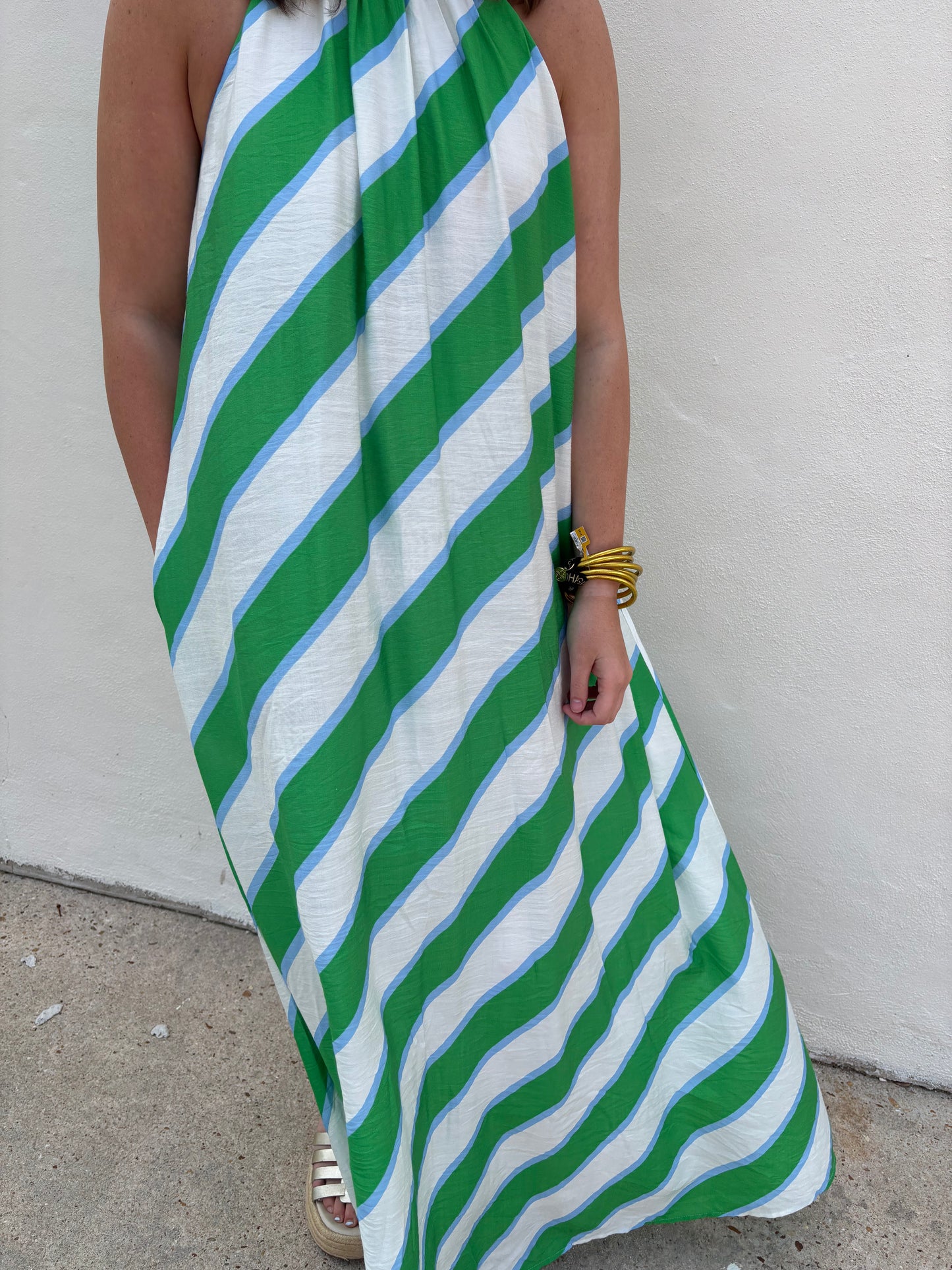 Green Stripe Halter Neck Dress