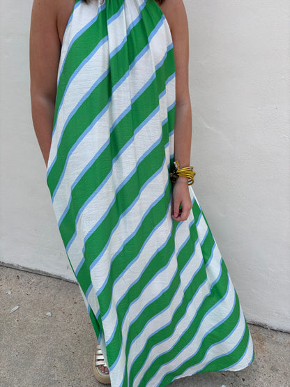 Green Stripe Halter Neck Dress