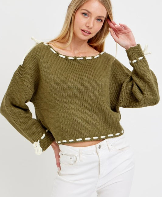 Lace Up Detail Sweater Top Olive