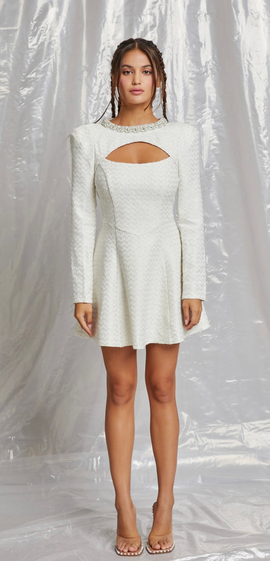 Ivory Tweed Jewel Trim Mini Dress