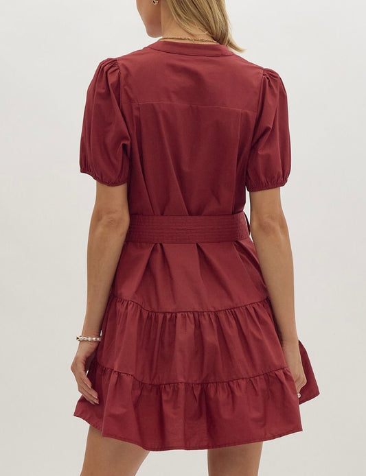 Ruffle Tie Waist Dress in Reddish Brown