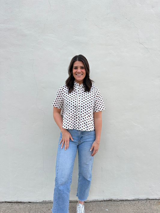 Short Sleeve Polka Dot Button Down Top