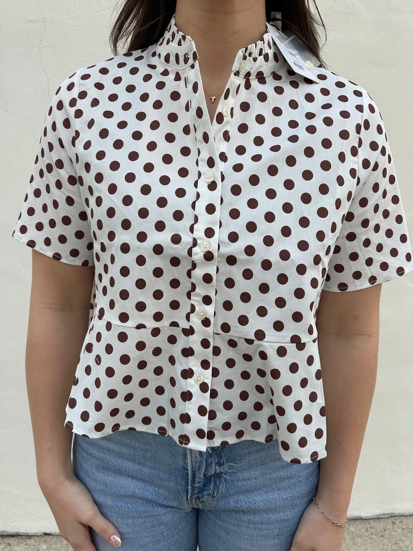Short Sleeve Polka Dot Button Down Top
