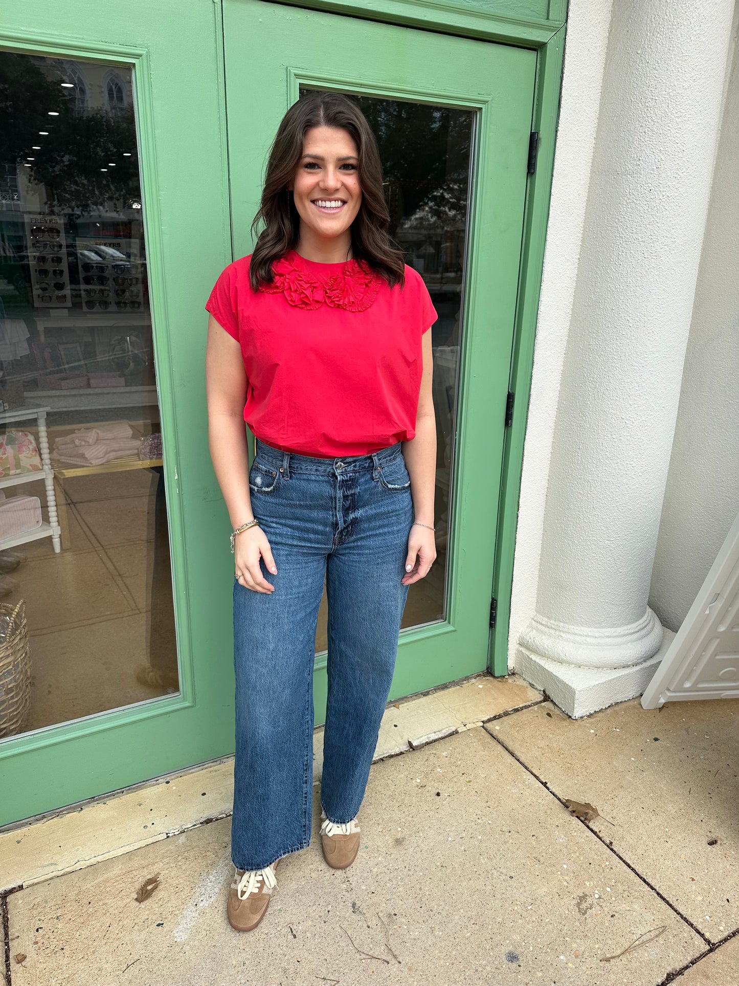 Red Cap Sleeve Blouse Top with Floral Embroidered Detail