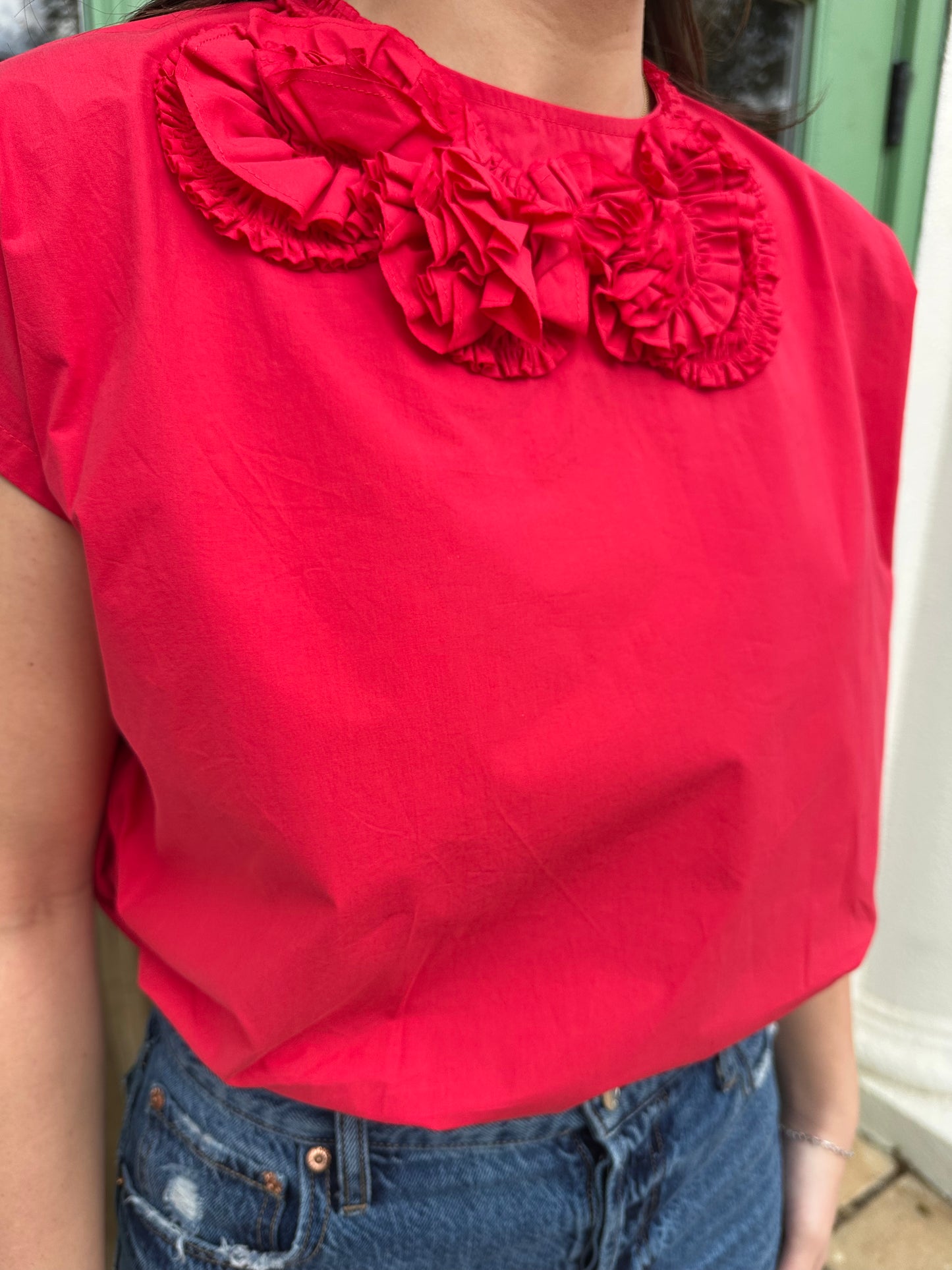 Red Cap Sleeve Blouse Top with Floral Embroidered Detail