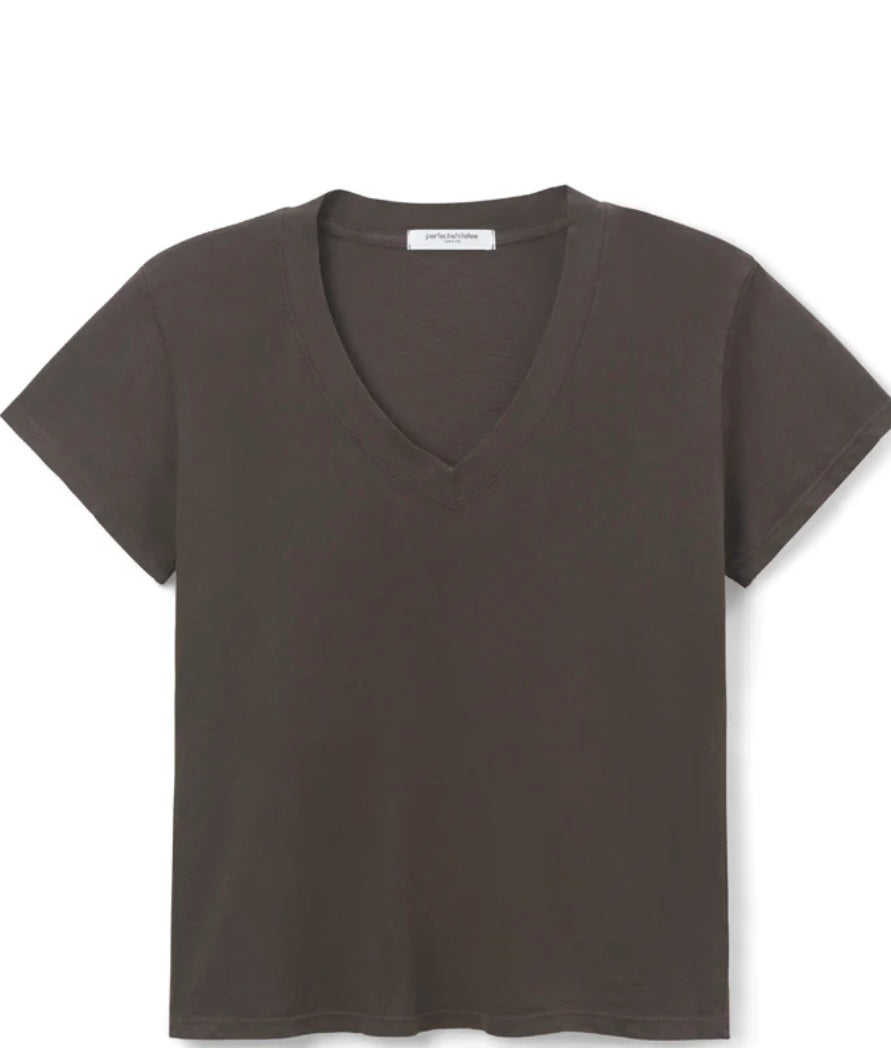 Cotton Boxy V Neck Tee in Cafe