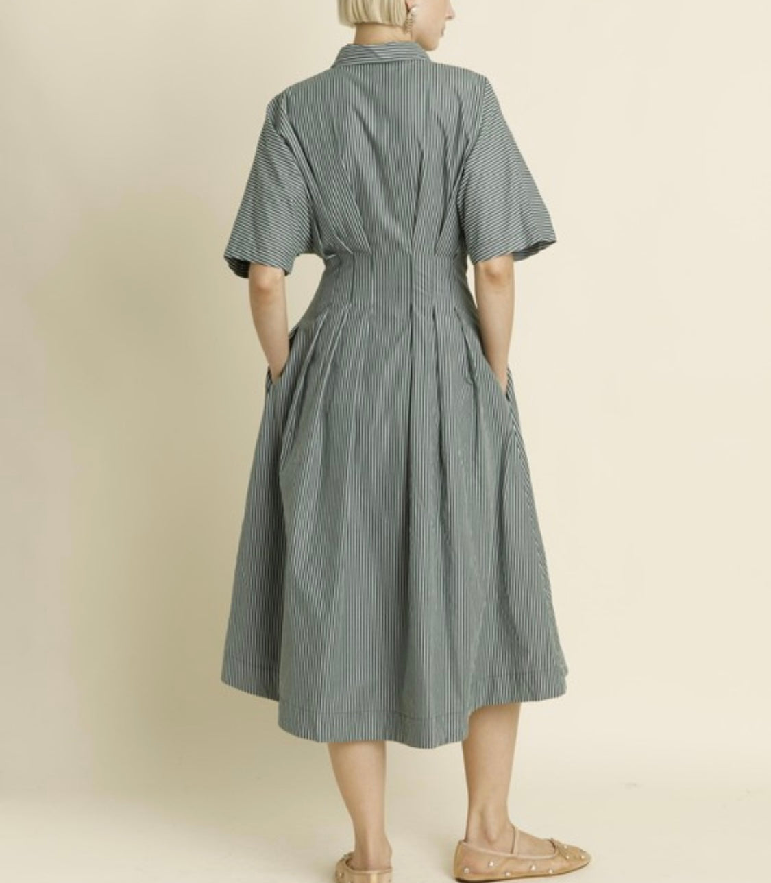 Green Button Front Pleated Midi Dress