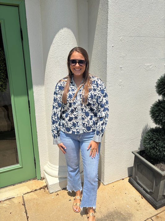 Blue Long Sleeve Print Top
