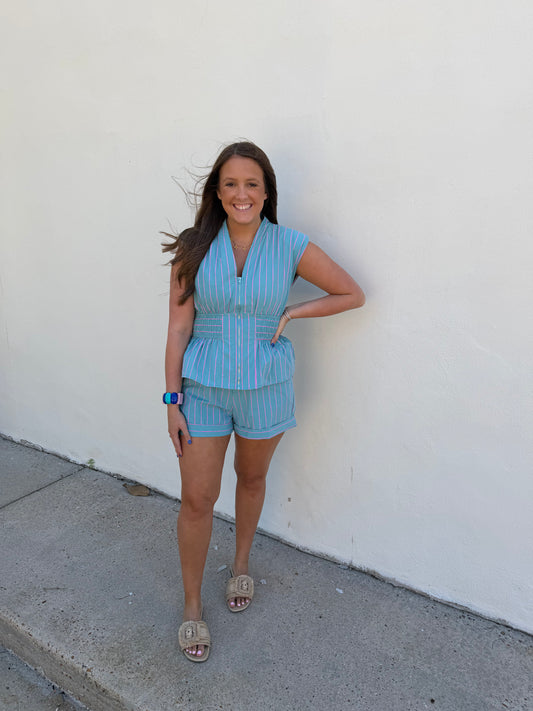 V-Neck Sleeveless Front Zip Top & Shorts Set