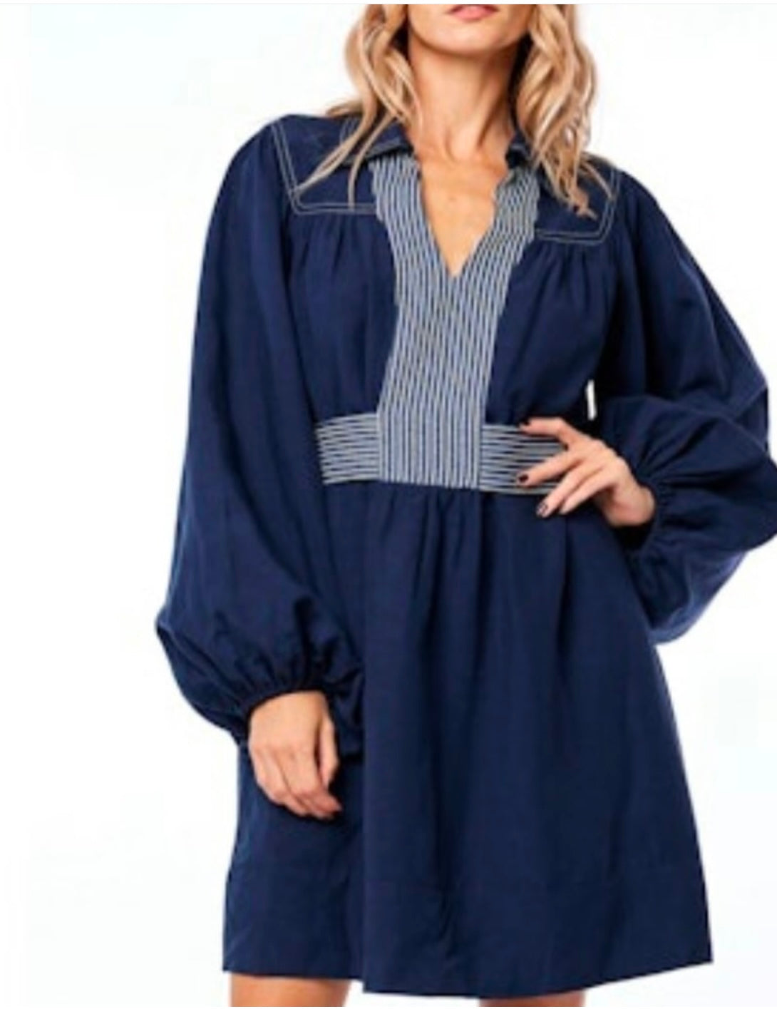 Long Sleeve Navy Tie Back Dress