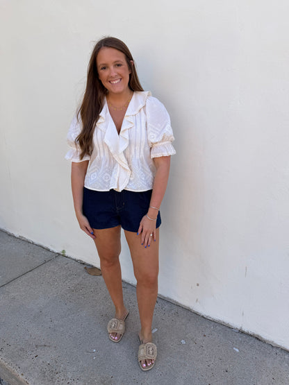 Eyelet Ruffle Pintuck Blouse Puff Sleeve Top -