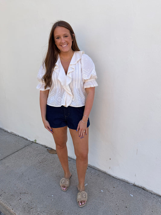 Eyelet Ruffle Pintuck Blouse Puff Sleeve Top -