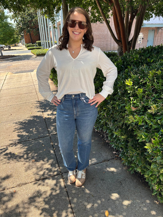 Rib Mix Split Tee Pearl