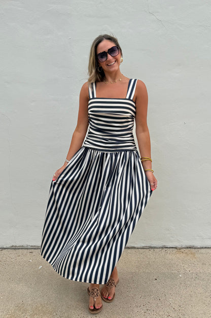 Georgie Gathered Dress in Navy Stripe