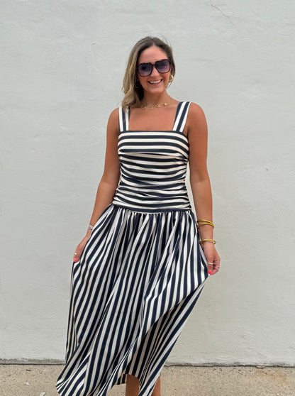 Georgie Gathered Dress in Navy Stripe