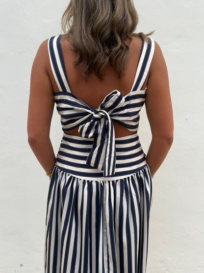 Georgie Gathered Dress in Navy Stripe