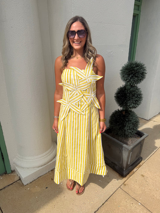 Striped Flower Applique Maxi Dress