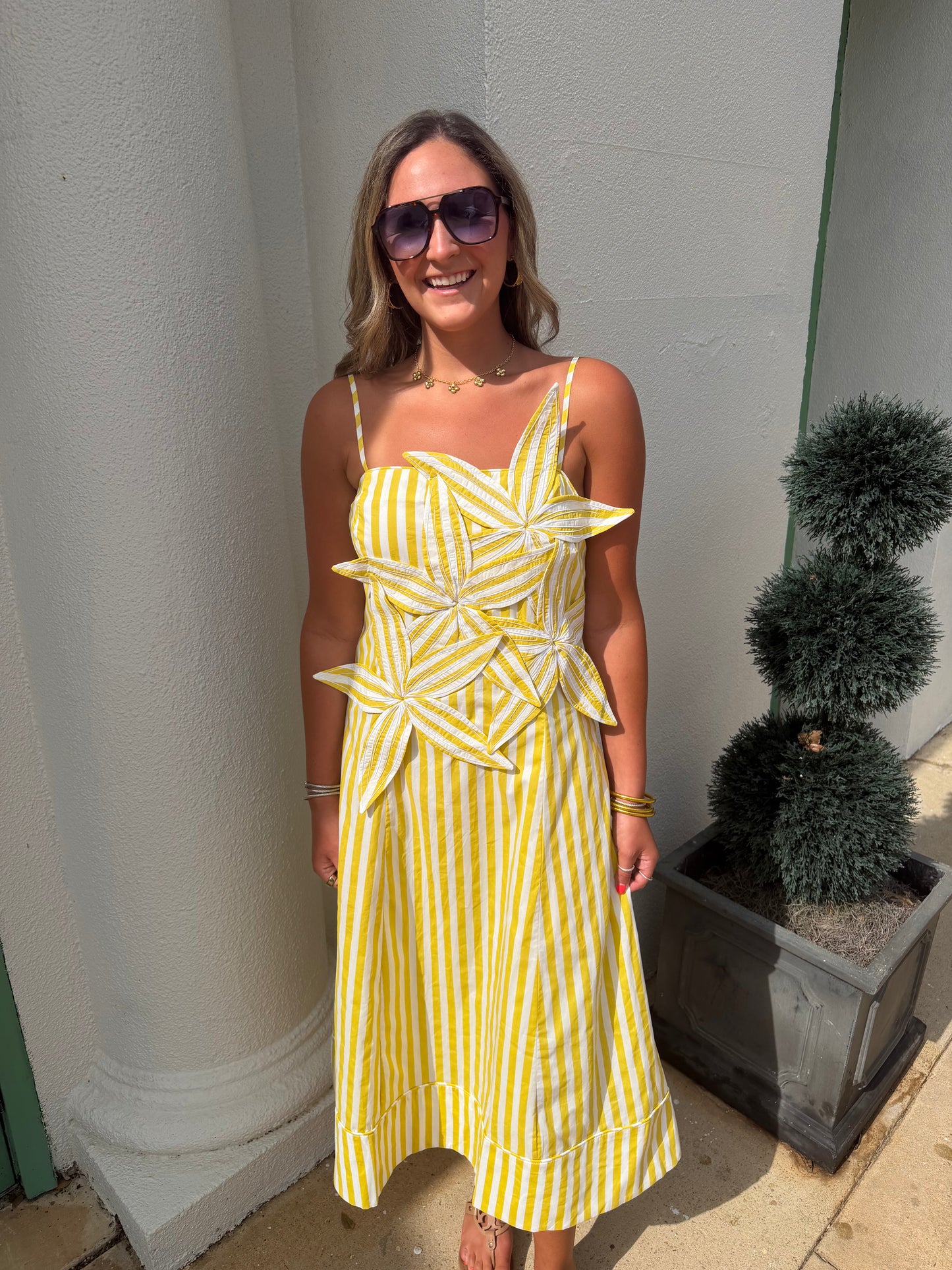 Striped Flower Applique Maxi Dress
