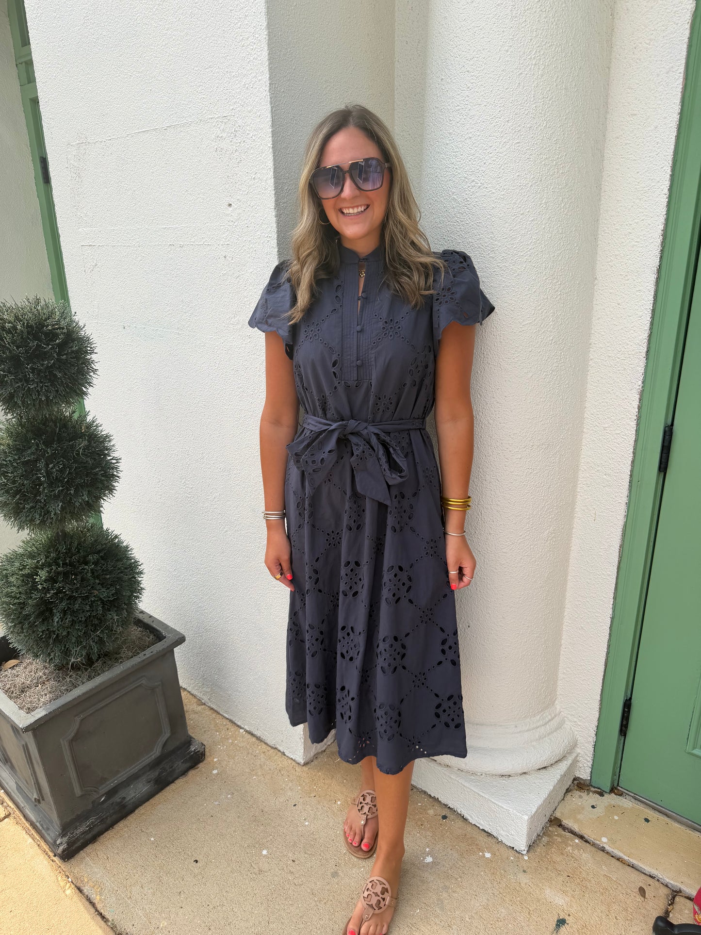 Flounce Sleeve Belted Shirtdress Navy