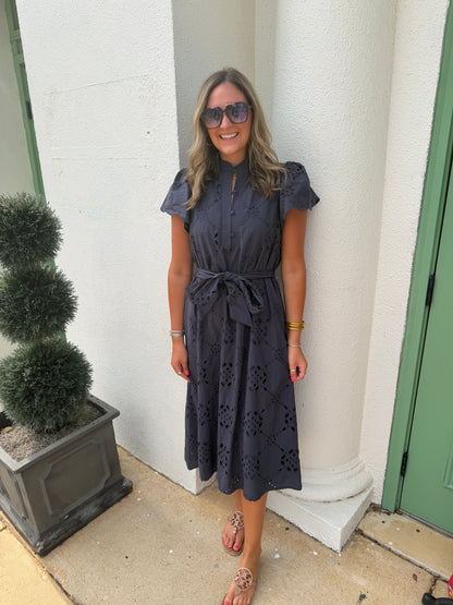 Flounce Sleeve Belted Shirtdress Navy