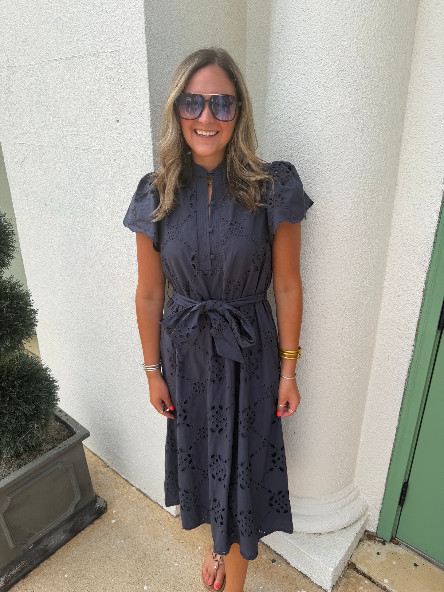 Flounce Sleeve Belted Shirtdress Navy