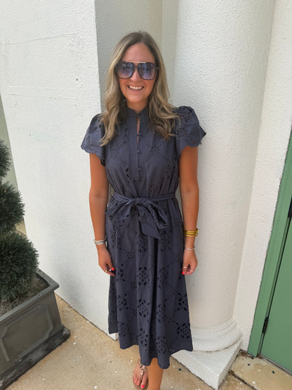 Flounce Sleeve Belted Shirtdress Navy