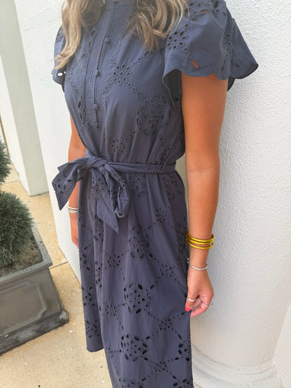 Flounce Sleeve Belted Shirtdress Navy